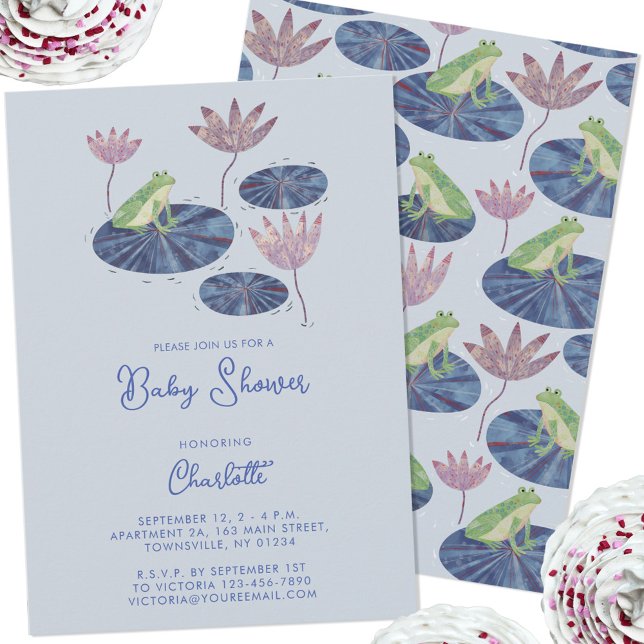 Convite Sapo em um Chá de fraldas Lily Pond Cute (Frog fun gender neutral boy or girl baby shower invitation with custom text)