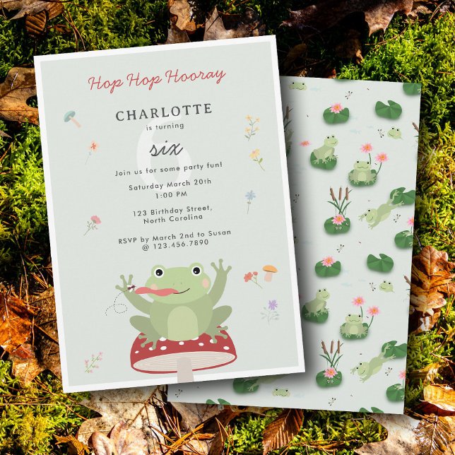 Convite Sapo Fofo Pula Pula Hurrá Flor de Cogumelo Anivers (Cute Frog Hop Hop Hooray Mushroom Floral Birthday Invitation)