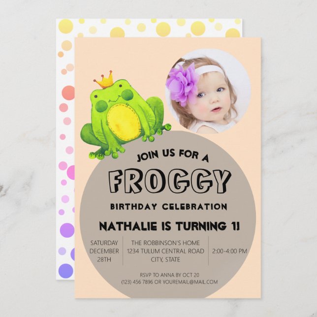 Convite Sapo Foto Aniversário Rosa 1rua Festas Bolinhas (Frente/Verso)