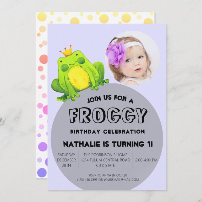 Convite Sapo Foto Aniversário Rosa 1rua Festas Bolinhas (Frente/Verso)