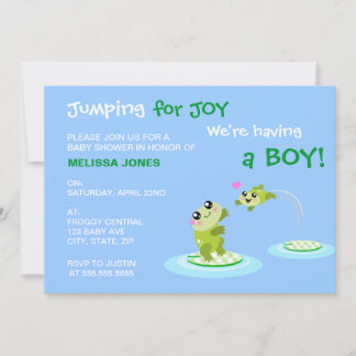 Convite sapo Kawaii pulando para Chá de fraldas de Joy Blu
