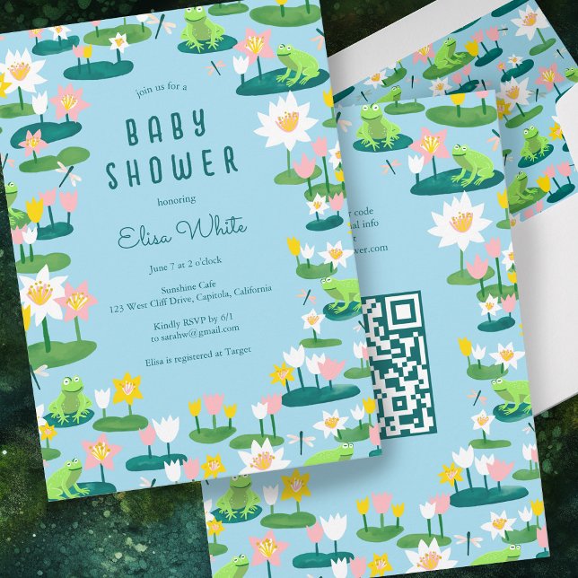 Convite Sapos e Lily Pads CHÁ DE FRALDAS de CÓDIGO QR CLIE (Frogs & Lily Pads Cute CUSTOM QR CODE BABY SHOWER Invitation Floral Blue Pink Green )