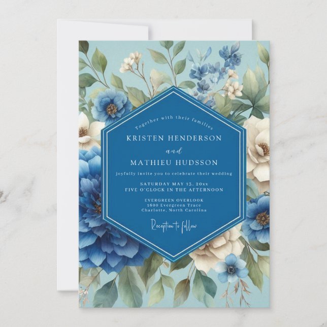 Convite Sapphire Blue Painterly Bloom Wedding (Frente)