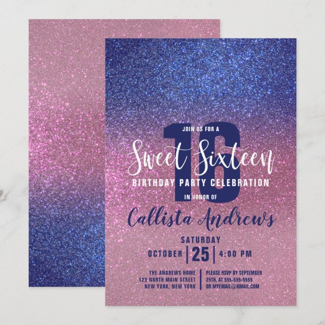 Convite Sapphire Blue Pink Triple Glitter Ombre Sweet 16 (Frente/Verso)