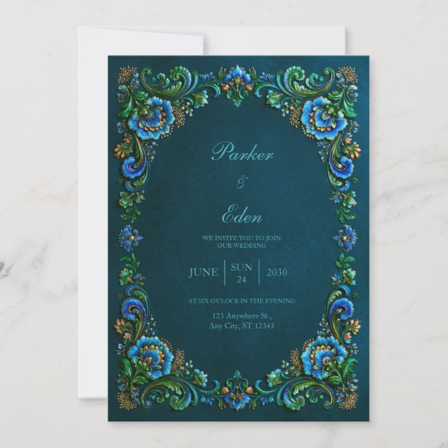 Convite Sapphire Teal Floral Wedding (Frente)