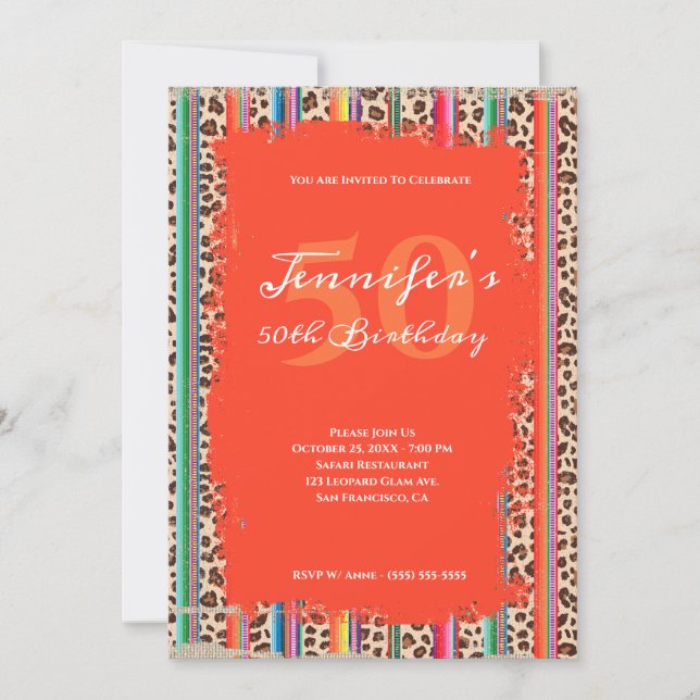 Convite Sarape Leopardo Grunge Safari Orange 50º Aniversár (Frente)