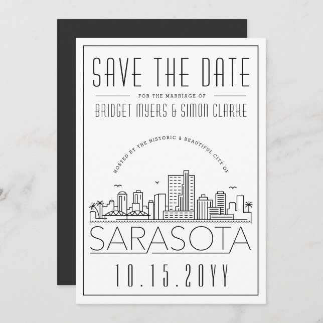 Convite Sarasota Wedding | Skyline Estilizado Salvar a Dat (Frente/Verso)