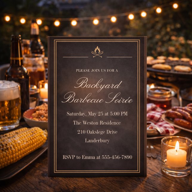 Convite Saráu de Churrasco no Quintal (Charcoal backyard BBQ soirée with firelight detail for a refined evening cookout)