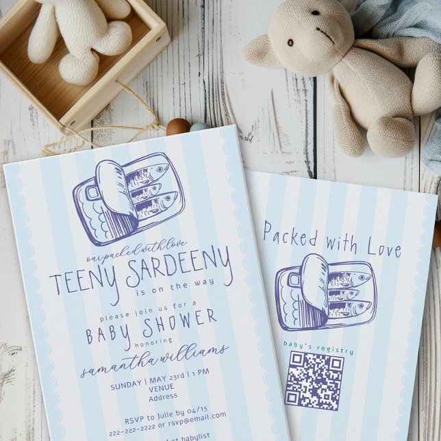 Convite Sardinhas Enlatadas Cheias de Amor Chás de Bebê (Packed with Love Tinned Sardine Teeny Sardeeny Mediterranean QR Code Nautical Baby Shower Invitation)