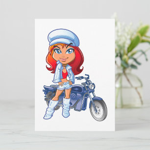 Convite Sassy Biker Girl com cabelo vermelho e motocicleta