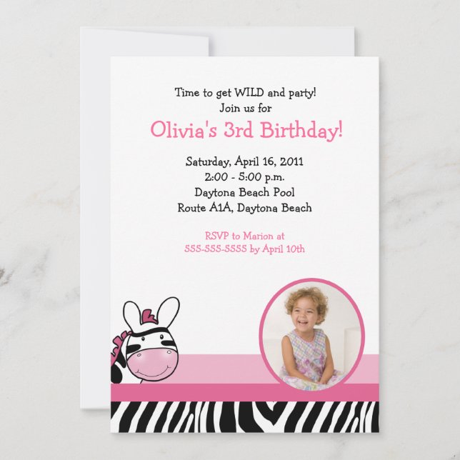 Convite SASSY ZEBRA STRIPE DIVA * FOTO * Aniversário 5x7 (Frente)
