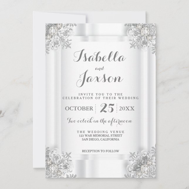 Convite Satin Branco Elegante e Ornamentado Prata Branco (Frente)