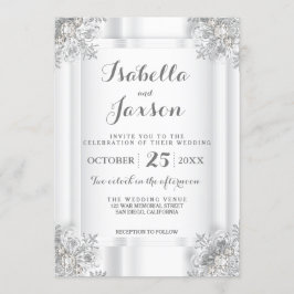 Convite Satin Branco Elegante e Ornamentado Prata Branco