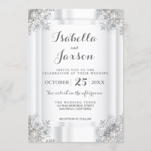 Convite Satin Branco Elegante e Ornamentado Prata Branco