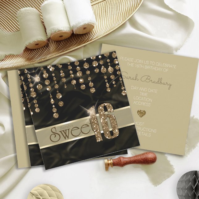 Convite Satin Jewel Sweet, 16 Black Dourado ID260 (Criador carregado)