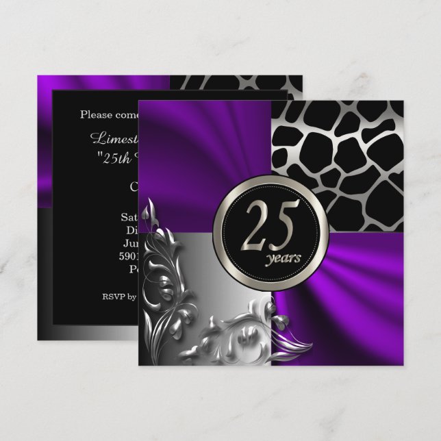 Convite Satinê Roxo e Prata Festa de 25 Anos (Frente/Verso)