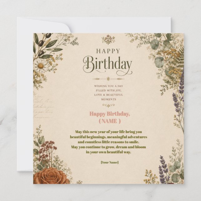 Convite Saudação de Aniversário com Flores Silvestres e Ra (Verso)