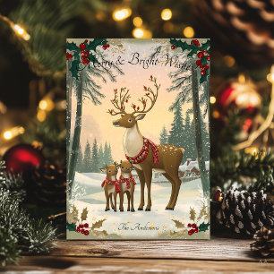 Convite Saudação de Natal vintage com família de cervos