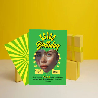 Convite Saudações de Aniversário Retro Verde e Amarelo, vi