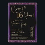 Convite Saúde a 16 anos Surpresa Festa de aniversário, Rox<br><div class="desc">Usando duas fontes distintas, criei gráficos para seu anúncio e embelezei-os com um efeito de ouro falso-metálico para uma vibração festiva. Embora cada parte possa ser movida para se adequar às suas necessidades, o cabeçalho diz "Saúde a 16 Anos!" e "Partido Surpresa". ("Surpresa" pode ser removida se a sua parte...</div>