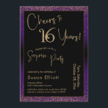 Convite Saúde a 16 anos Surpresa Festa de aniversário, Rox<br><div class="desc">Usando duas fontes distintas, criei gráficos para seu anúncio e embelezei-os com um efeito de ouro falso-metálico para uma vibração festiva. Embora cada parte possa ser movida para se adequar às suas necessidades, o cabeçalho diz "Saúde a 16 Anos!" e "Partido Surpresa". ("Surpresa" pode ser removida se a sua parte...</div>
