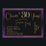 Convite Saúde aos 30 anos Surpresa Aniversário, Roxo<br><div class="desc">Usando duas fontes distintas, criei gráficos para seu anúncio e embelezei-os com um efeito de ouro falso-metálico para uma vibração festiva. Embora cada parte possa ser movida para se adequar às suas necessidades, o cabeçalho diz "Saúde a 30 Anos!" e "Partido Surpresa". ("Surpresa" pode ser removida se a sua parte...</div>
