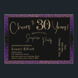 Convite Saúde aos 30 anos Surpresa Aniversário, Roxo<br><div class="desc">Usando duas fontes distintas, criei gráficos para seu anúncio e embelezei-os com um efeito de ouro falso-metálico para uma vibração festiva. Embora cada parte possa ser movida para se adequar às suas necessidades, o cabeçalho diz "Saúde a 30 Anos!" e "Partido Surpresa". ("Surpresa" pode ser removida se a sua parte...</div>