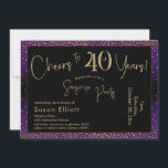 Convite Saúde aos 40 anos Surpresa Aniversário, Roxo<br><div class="desc">Usando duas fontes distintas, criei gráficos para seu anúncio e embelezei-os com um efeito de ouro falso-metálico para uma vibração festiva. Embora cada parte possa ser movida para se adequar às suas necessidades, o cabeçalho diz "Saúde a 40 Anos!" e "Partido Surpresa". ("Surpresa" pode ser removida se a sua parte...</div>