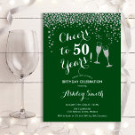 Convite Saúde Aos 50 Anos De Aniversário - Prata Verde<br><div class="desc">50º Convite de Aniversário. Saúde Para 50 Anos! Design elegante em verde,  branco e prata. Apresenta óculos de champanhe,  fonte de script e confete prateado brilhante. Perfeito para na moda 50 festas de aniversário. Personalize com seus próprios detalhes. Pode ser personalizado para mostrar qualquer idade.</div>