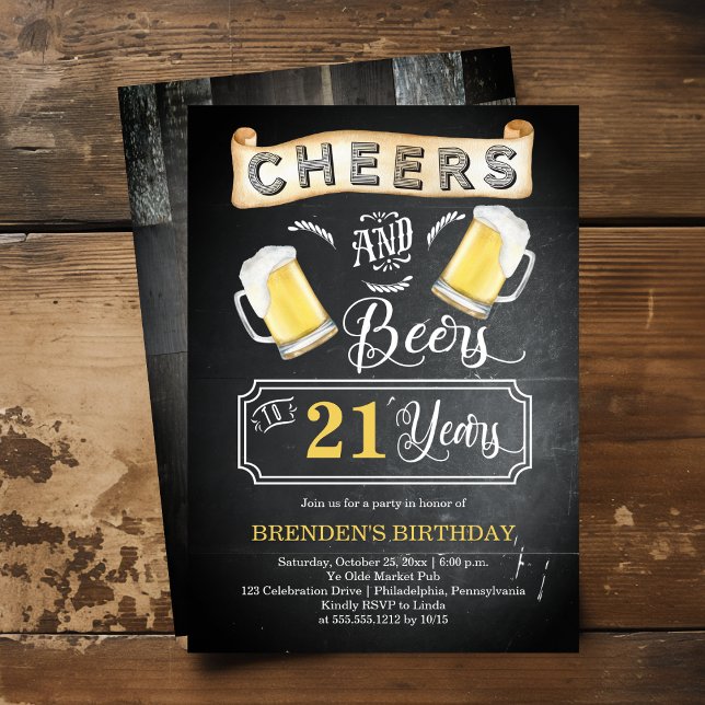 Convite Saúde e Cerveja a 21 anos de Festa de aniversário (Cheers and Beers to 21 Years Rustic Barroom-Style Birthday Party Invitation)