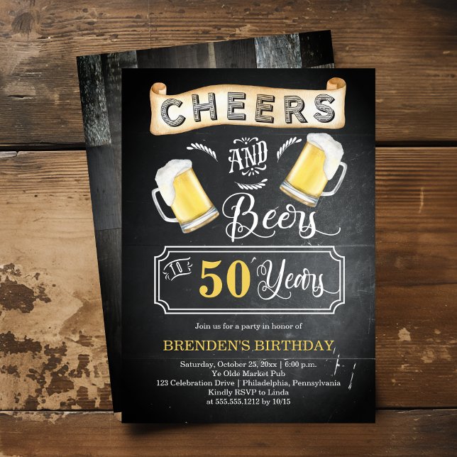 Convite Saúde e Cerveja a 50 anos de Festa de aniversário (Cheers and Beers to 50 Years Chalkboard Look 50th Birthday Party Invitation)