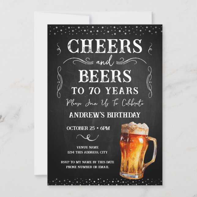 Convite Saúde e Cervejas 70 Birthday Chalkboard Invitati (Frente)