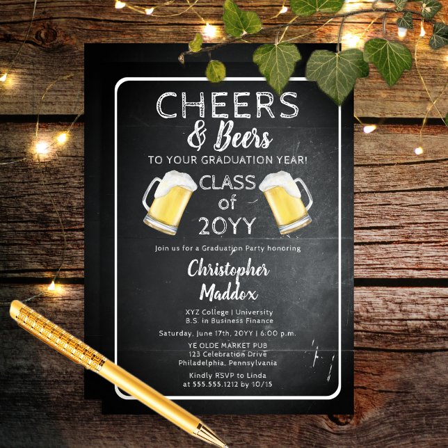 Convite Saúde e Cervejas à sua festa de graduação (Rustic Cheers and Beers To Your Graduation Year Party Invitation - Print | Download)