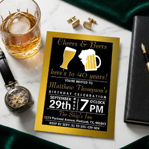 Convite Saúde e Cervejas Festa de aniversário Preta e Dour