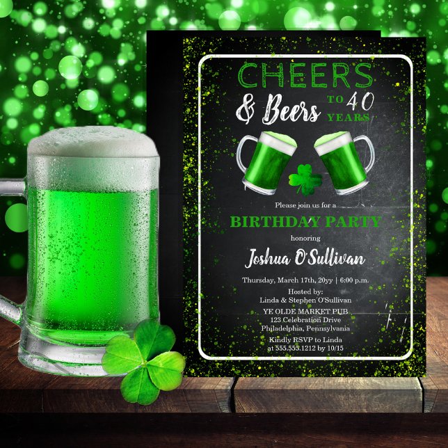 Convite Saúde e Rua de Cervejas. Partido Patricks aniversá (Cheers and Beers St. Patrick's Day March or Irish Green 40th Birthday Party Invitation)