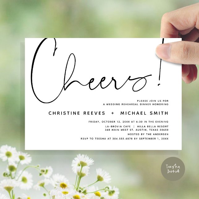 Convite Saúde, Janto de ensaio de casamento (Cheers, Wedding Rehearsal Dinner Invitation Card, PDF, Modern Minimalist, in Black and White)