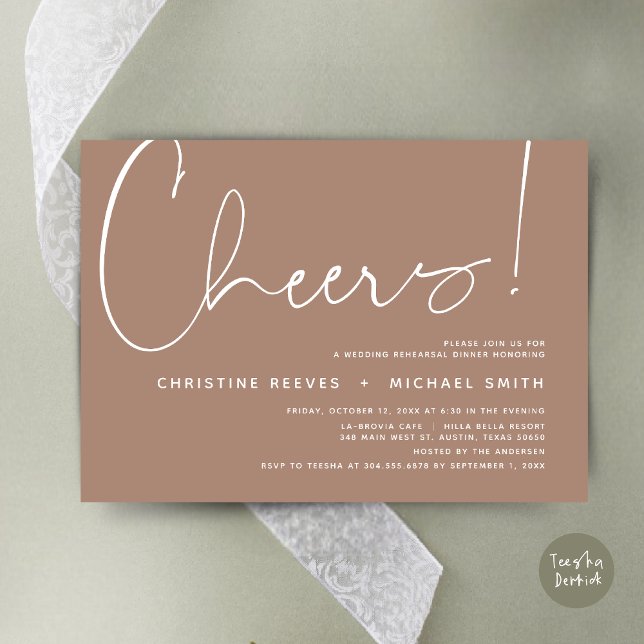 Convite Saúde, Janto de ensaio de casamento (Cheers, Wedding Rehearsal Dinner Invitation Card, PDF, Modern Minimalist, in Taupe neutral earthy)