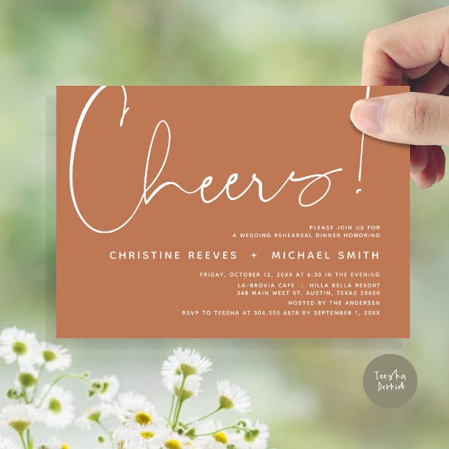 Convite Saúde, Janto de ensaio de casamento (Cheers, Wedding Rehearsal Dinner Invitation Card, PDF, Modern Minimalist, in Copper)