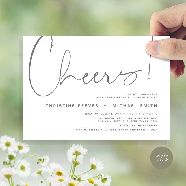 Convite Saúde, Janto de ensaio de casamento (Cheers, Wedding Rehearsal Dinner Invitation Card, PDF, Modern Minimalist, in Dark Grey)