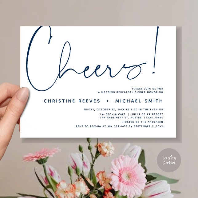 Convite Saúde, Janto de ensaio de casamento (Cheers, Wedding Rehearsal Dinner Invitation Card, PDF, Modern Minimalist, in Navy Blue)
