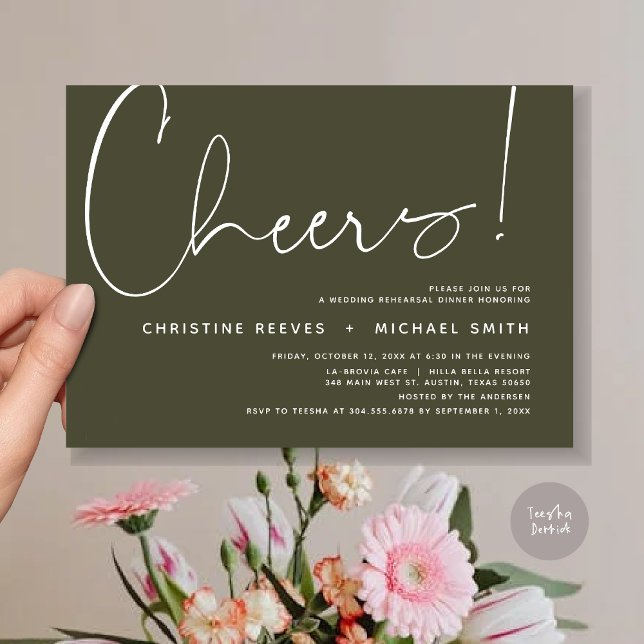 Convite Saúde, Janto de ensaio de casamento (Cheers, Wedding Rehearsal Dinner Invitation Card, PDF, Modern Minimalist, in Olive Green)
