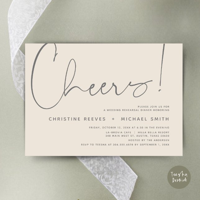 Convite Saúde, Janto de ensaio de casamento (Cheers, Wedding Rehearsal Dinner Invitation Card, PDF, Modern Minimalist, in Dark Grey Cream)