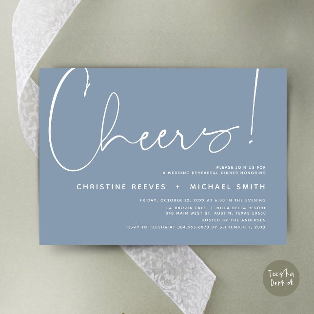 Convite Saúde, Janto de ensaio de casamento (Cheers, Wedding Rehearsal Dinner Invitation Card, PDF, Modern Minimalist, in Dusty Blue)