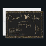 Convite Saúde para 16 anos Surpresa Aniversário Dourado e<br><div class="desc">Usando duas fontes distintas, criei gráficos para seu anúncio e embelezei-os com um efeito de ouro falso-metálico para uma vibração festiva. Embora cada parte possa ser movida para se adequar às suas necessidades, o cabeçalho diz "Saúde a 16 Anos!" e "Partido Surpresa". ("Surpresa" pode ser removida se a sua parte...</div>