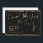 Convite Saúde para 16 anos Surpresa Aniversário Dourado e<br><div class="desc">Usando duas fontes distintas, criei gráficos para seu anúncio e embelezei-os com um efeito de ouro falso-metálico para uma vibração festiva. Embora cada parte possa ser movida para se adequar às suas necessidades, o cabeçalho diz "Saúde a 16 Anos!" e "Partido Surpresa". ("Surpresa" pode ser removida se a sua parte...</div>