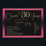 Convite Saúde para 30 anos Surpresa Aniversário, Rosa Prof<br><div class="desc">Usando duas fontes distintas, criei gráficos para seu anúncio e embelezei-os com um efeito de ouro falso-metálico para uma vibração festiva. Embora cada parte possa ser movida para se adequar às suas necessidades, o cabeçalho diz "Saúde a 30 Anos!" e "Partido Surpresa". ("Surpresa" pode ser removida se a sua parte...</div>