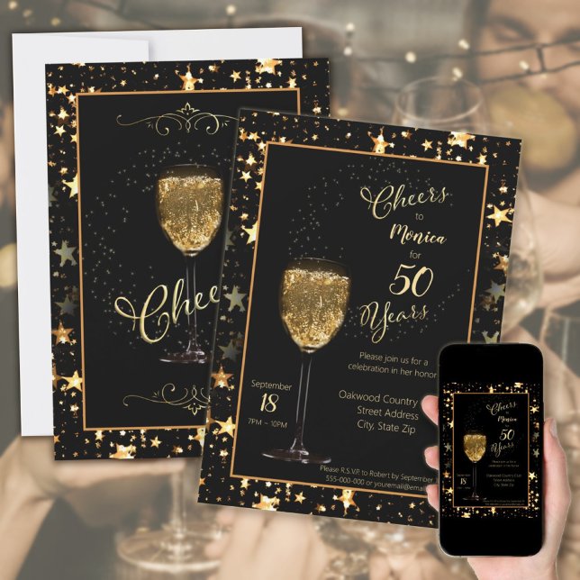 Convite Saúde para 50 anos de aniversário do Black & Doura (Cheers for 50 Years Elegant Black & Gold Sparkle Birthday Invitation.
)
