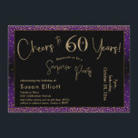 Convite Saúde para 60 anos Surpresa Aniversário, Roxo<br><div class="desc">Usando duas fontes distintas, criei gráficos para seu anúncio e embelezei-os com um efeito de ouro falso-metálico para uma vibração festiva. Embora cada parte possa ser movida para se adequar às suas necessidades, o cabeçalho diz "Saúde a 60 Anos!" e "Partido Surpresa". ("Surpresa" pode ser removida se a sua parte...</div>