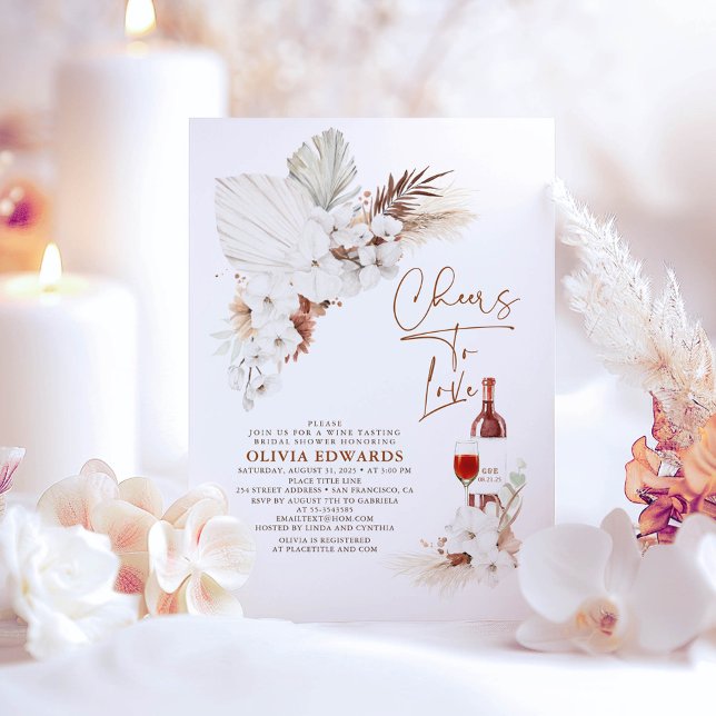 Convite Saúde Para Amar Chá de panela De Grama Boho Pampas (White Orchids Boho Bridal Shower Invitations Cheers to Love)