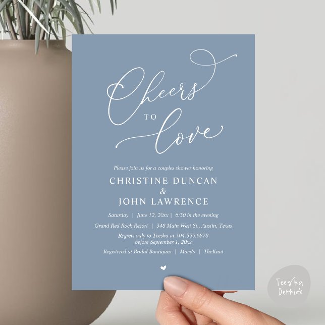 Convite Saúde para o amor, Partido dos Chás Românticos (Cheers to love, Romantic Couples Shower Modern Party Winery Invitation Card, PDF, Summer Dusty Blue)
